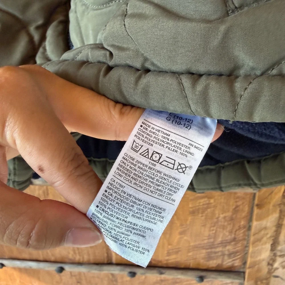 Old Navy Quilted Puffer Vest Kids Large 10-12 Olive Green Fleece Lined Zip Up
